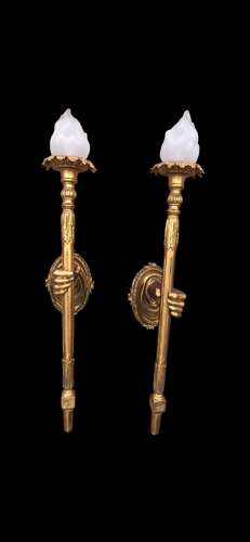 A Pair of Unusual French Gilt Wall-lightes in the form of Hands with Flambeau shade