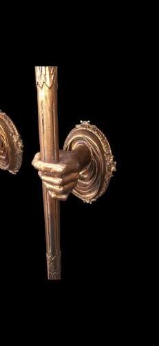 A Pair of Unusual French Gilt Wall-lightes in the form of Hands with Flambeau shade