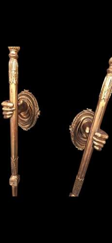 A Pair of Unusual French Gilt Wall-lightes in the form of Hands with Flambeau shade