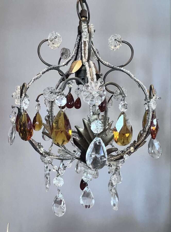A One Light Italian Beaded Small Chandelier with Beaded Frame and Coloured Glass
