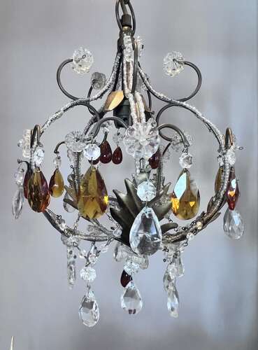 A One Light Italian Beaded Small Chandelier with Beaded Frame and Coloured Glass