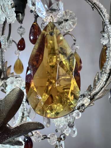 A One Light Italian Beaded Small Chandelier with Beaded Frame and Coloured Glass
