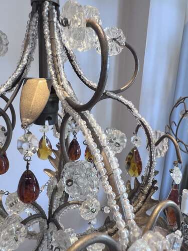 A One Light Italian Beaded Small Chandelier with Beaded Frame and Coloured Glass