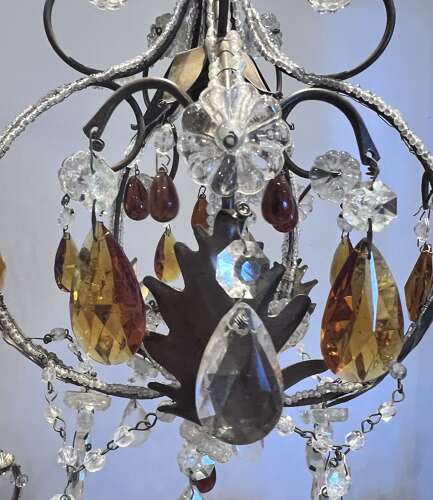 A One Light Italian Beaded Small Chandelier with Beaded Frame and Coloured Glass