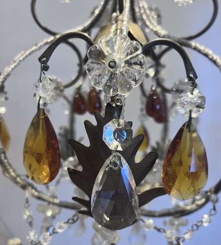 A One Light Italian Beaded Small Chandelier with Beaded Frame and Coloured Glass