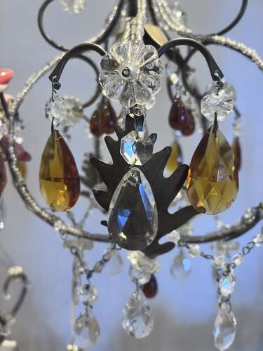 A One Light Italian Beaded Small Chandelier with Beaded Frame and Coloured Glass
