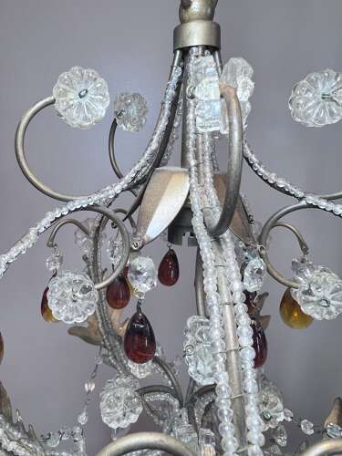 A One Light Italian Beaded Small Chandelier with Beaded Frame and Coloured Glass