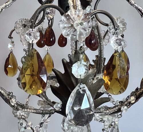 A One Light Italian Beaded Small Chandelier with Beaded Frame and Coloured Glass