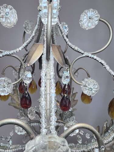 A One Light Italian Beaded Small Chandelier with Beaded Frame and Coloured Glass