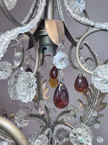 A One Light Italian Beaded Small Chandelier with Beaded Frame and Coloured Glass