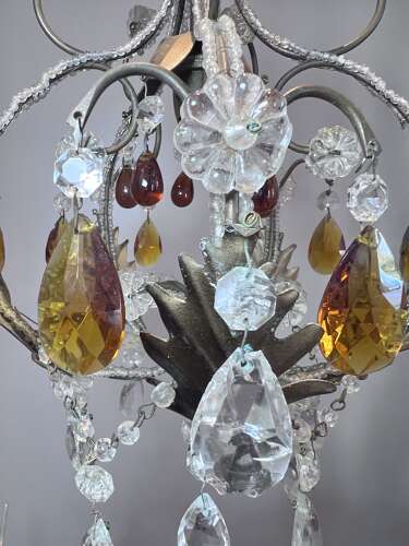 A One Light Italian Beaded Small Chandelier with Beaded Frame and Coloured Glass