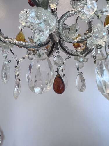 A One Light Italian Beaded Small Chandelier with Beaded Frame and Coloured Glass