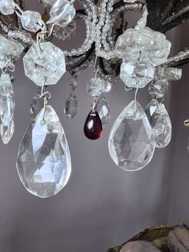 A One Light Italian Beaded Small Chandelier with Beaded Frame and Coloured Glass