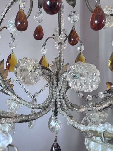 A One Light Italian Beaded Small Chandelier with Beaded Frame and Coloured Glass