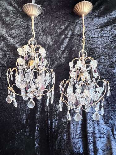 A Pair of Italian Antique Small Chandeliers with Coloured Crystals
