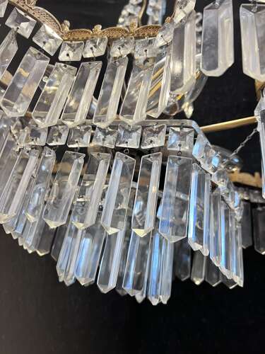 A Five Light Italian Brass and Crystal Antique Chandelier in a Deco Style