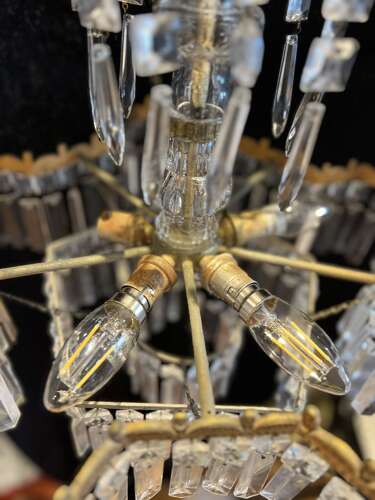 A Five Light Italian Brass and Crystal Antique Chandelier in a Deco Style