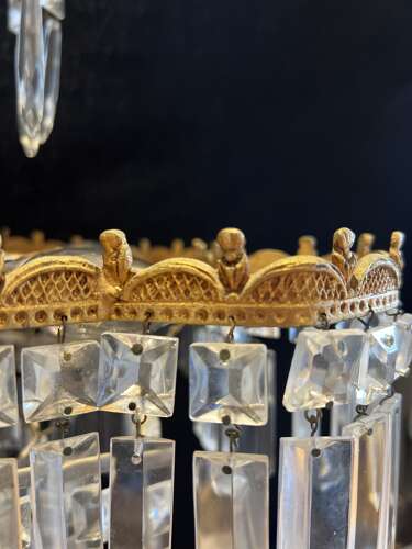 A Five Light Italian Brass and Crystal Antique Chandelier in a Deco Style