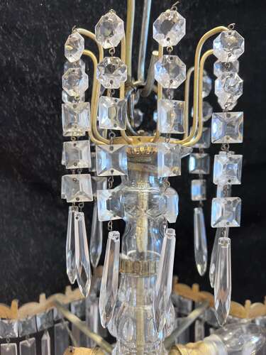 A Five Light Italian Brass and Crystal Antique Chandelier in a Deco Style
