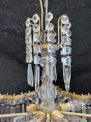 A Five Light Italian Brass and Crystal Antique Chandelier in a Deco Style