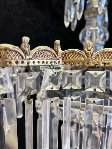 A Five Light Italian Brass and Crystal Antique Chandelier in a Deco Style