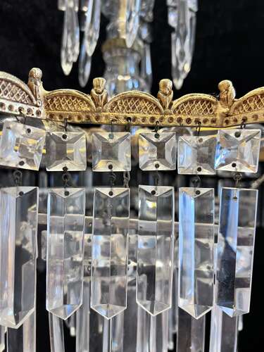 A Five Light Italian Brass and Crystal Antique Chandelier in a Deco Style
