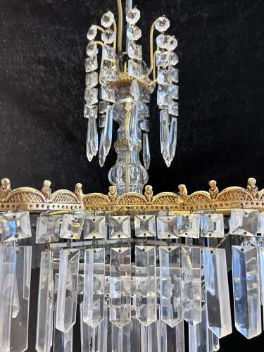 A Five Light Italian Brass and Crystal Antique Chandelier in a Deco Style