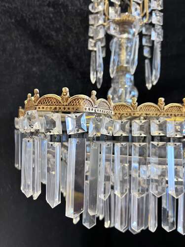 A Five Light Italian Brass and Crystal Antique Chandelier in a Deco Style