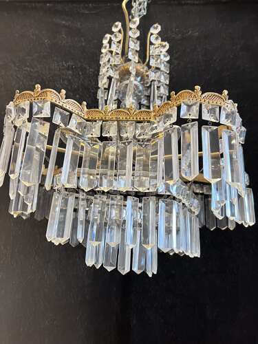 A Five Light Italian Brass and Crystal Antique Chandelier in a Deco Style