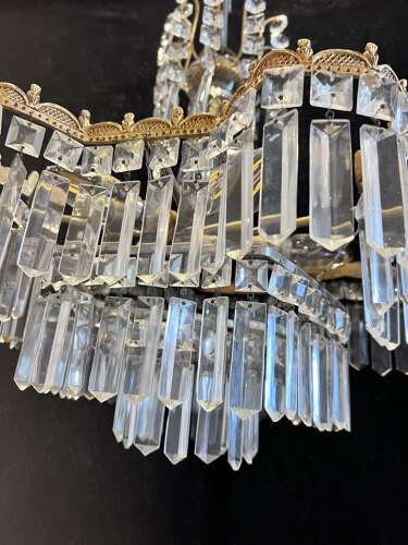 A Five Light Italian Brass and Crystal Antique Chandelier in a Deco Style