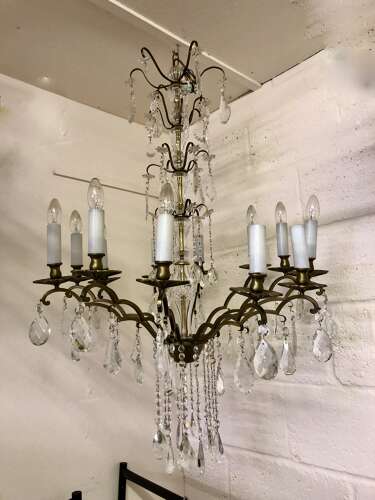 Large 12 Light French Brass and Crystal Chandelier