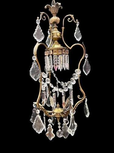 One Light Italian Brass and Crystal Antique Chandelier with Pink Drops