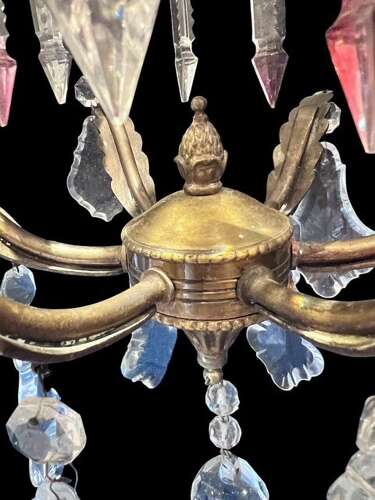 One Light Italian Brass and Crystal Antique Chandelier with Pink Drops