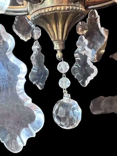 One Light Italian Brass and Crystal Antique Chandelier with Pink Drops