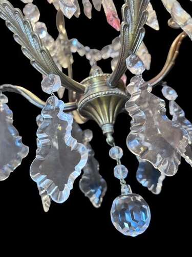 One Light Italian Brass and Crystal Antique Chandelier with Pink Drops