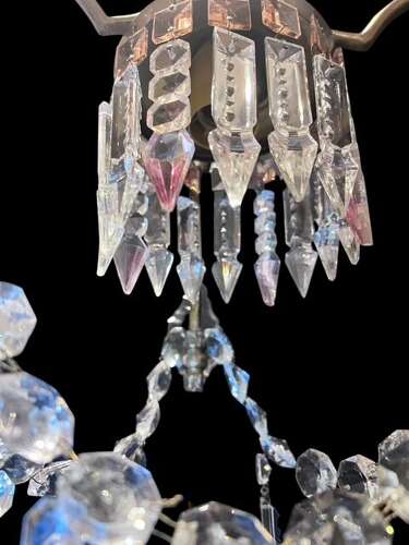 One Light Italian Brass and Crystal Antique Chandelier with Pink Drops