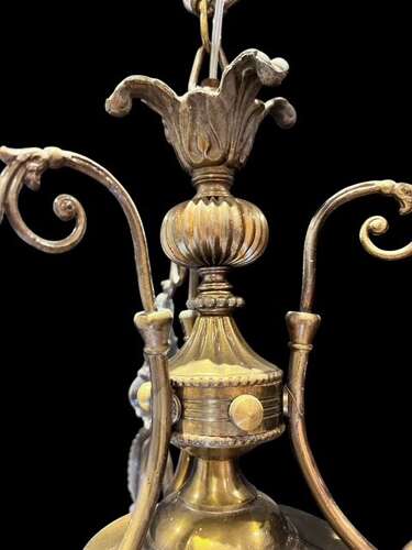 One Light Italian Brass and Crystal Antique Chandelier with Pink Drops