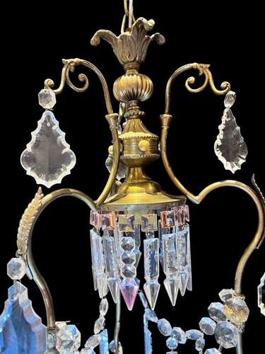 One Light Italian Brass and Crystal Antique Chandelier with Pink Drops