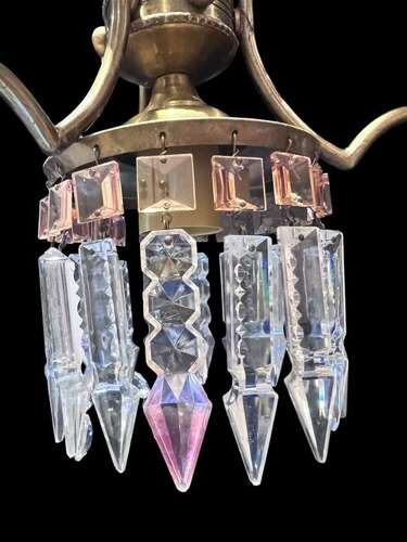 One Light Italian Brass and Crystal Antique Chandelier with Pink Drops