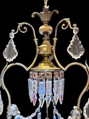 One Light Italian Brass and Crystal Antique Chandelier with Pink Drops