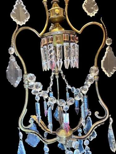 One Light Italian Brass and Crystal Antique Chandelier with Pink Drops