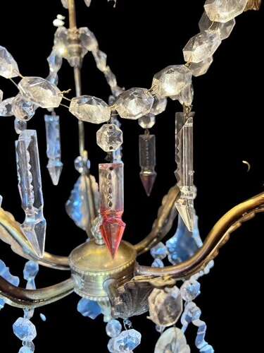 One Light Italian Brass and Crystal Antique Chandelier with Pink Drops