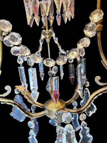 One Light Italian Brass and Crystal Antique Chandelier with Pink Drops