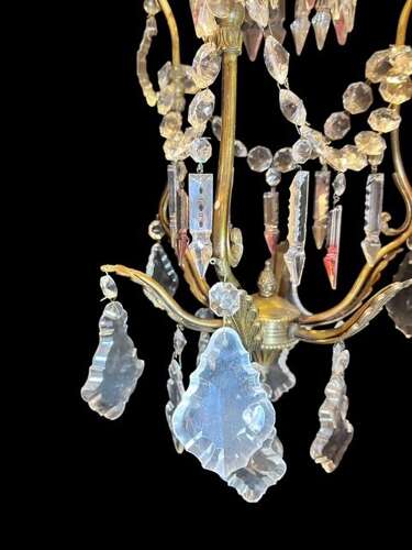 One Light Italian Brass and Crystal Antique Chandelier with Pink Drops