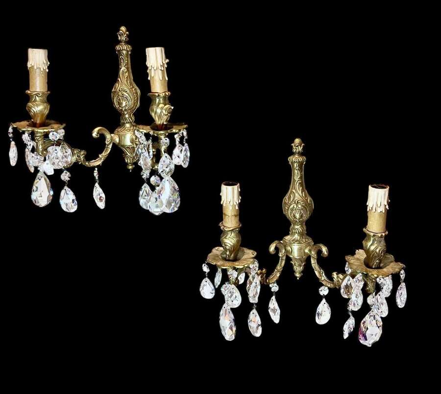 A Pair of Two Light French Gilt Brass and Crystal Antique Wall-lights
