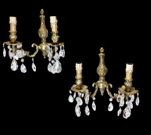 A Pair of Two Light French Gilt Brass and Crystal Antique Wall-lights