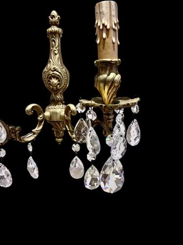 A Pair of Two Light French Gilt Brass and Crystal Antique Wall-lights