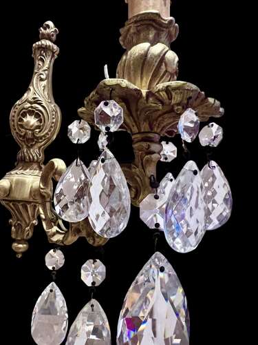 A Pair of Two Light French Gilt Brass and Crystal Antique Wall-lights