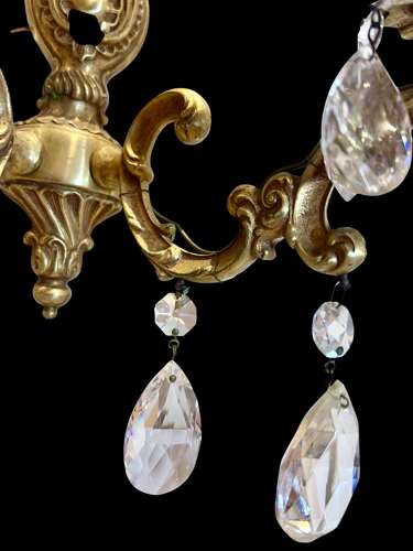 A Pair of Two Light French Gilt Brass and Crystal Antique Wall-lights