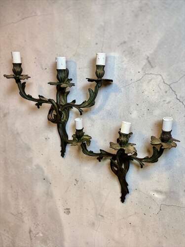 A set of 4 French Triple Arm Antique Brass Wall Lights